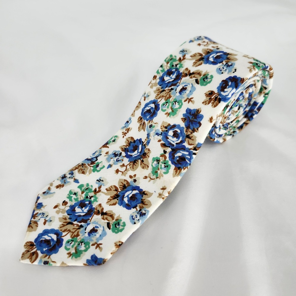 Haggar White Blue Floral Cotton Necktie‎ Mens One Size Wedding Spring Classic